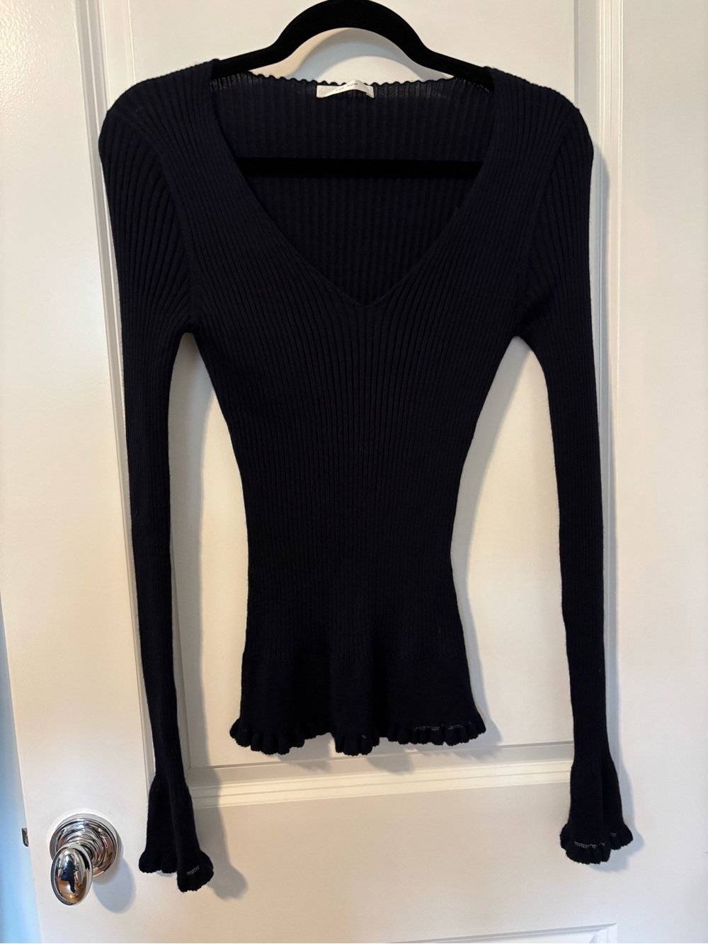 The Row Navy Ribbed V-Neck Slim Knit Top with Ruffle Trim